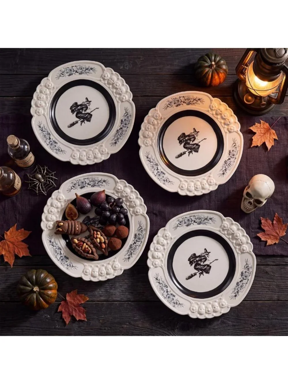 Vintage Halloween Witch Ceramic Plates Set of 4, 8.74 Inch Decorative Dish